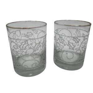 Vtg Libbey DOF Glasses Clear White Holly Gold Rim Rocks Double Old Fashoned S/2